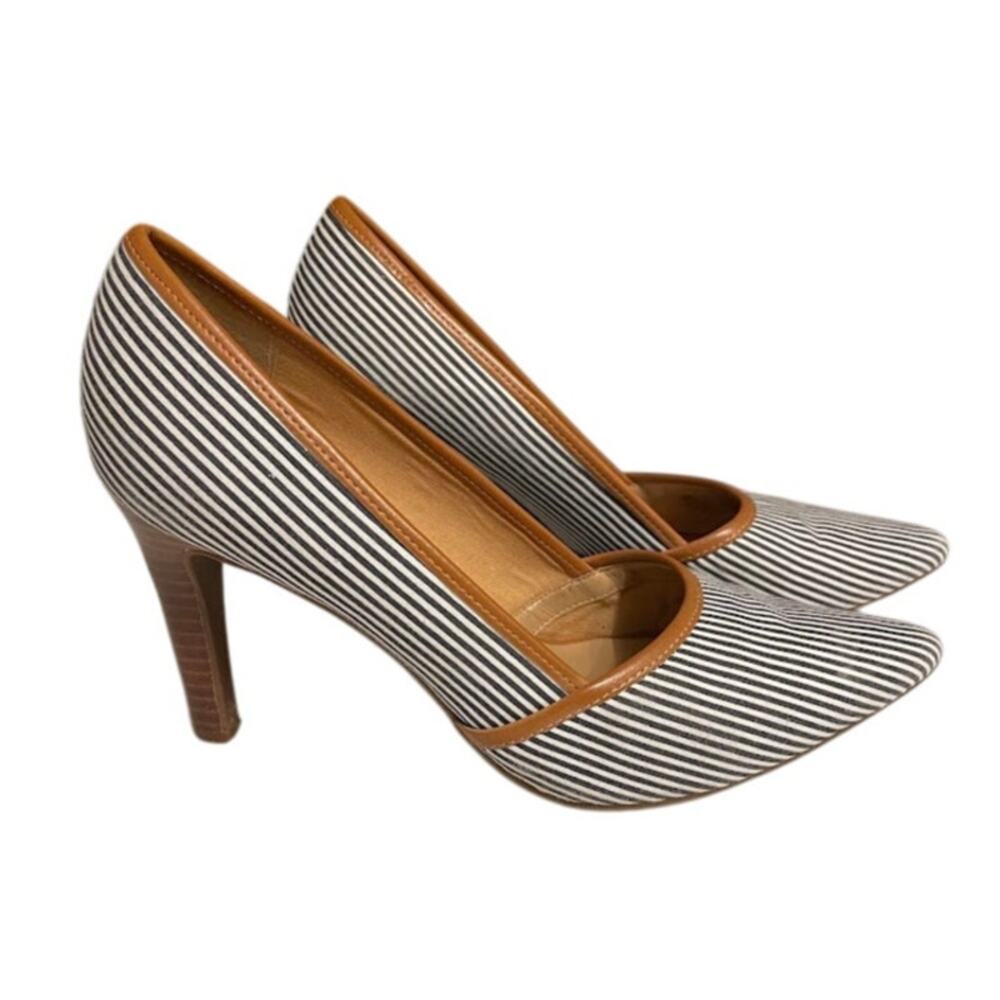 Franco Sarto Black and White Striped Pointed-Toe Heels with Tan Trim